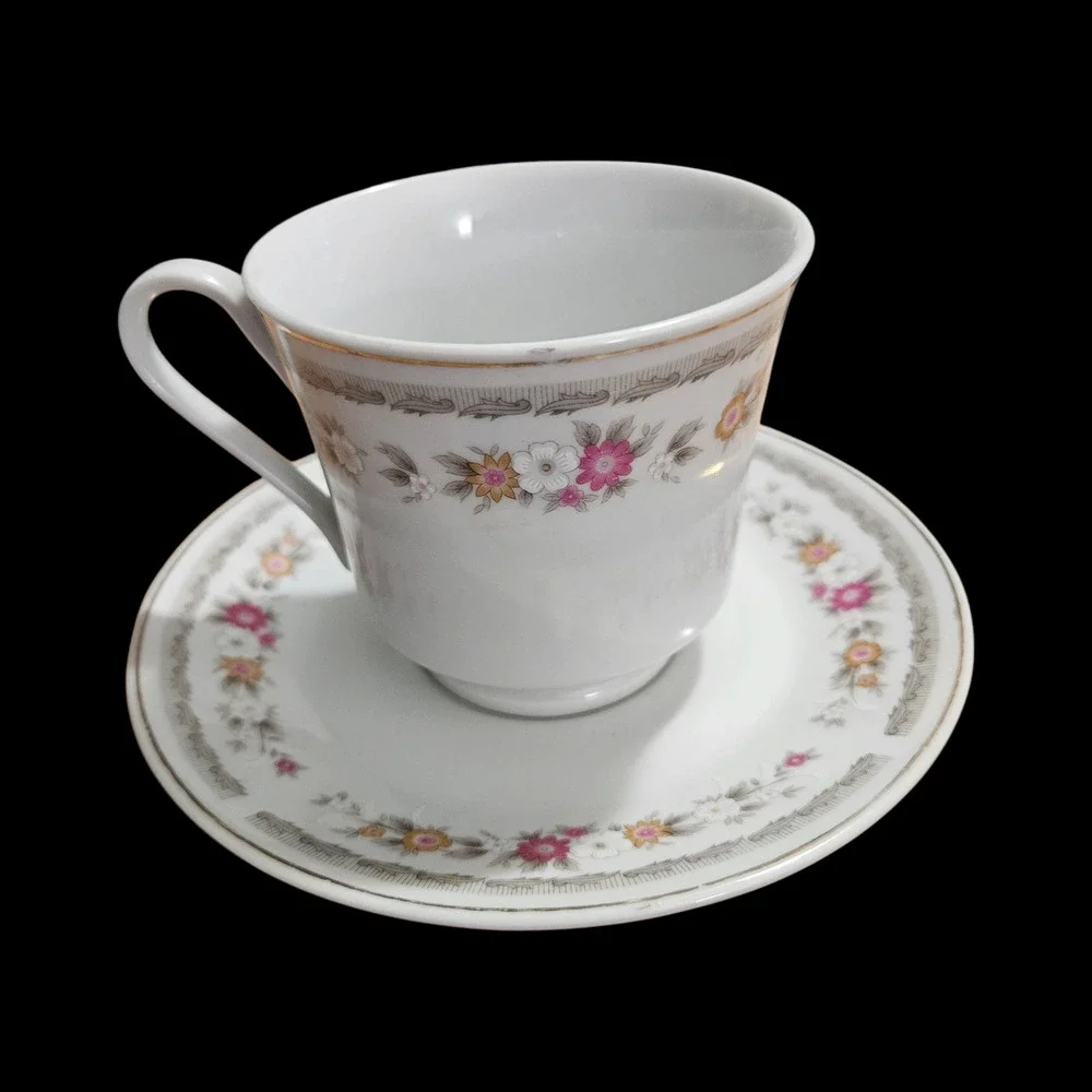 Napco Floral Tea Cup & Saucer Set White Porcelain Gold Trim Vintage Style